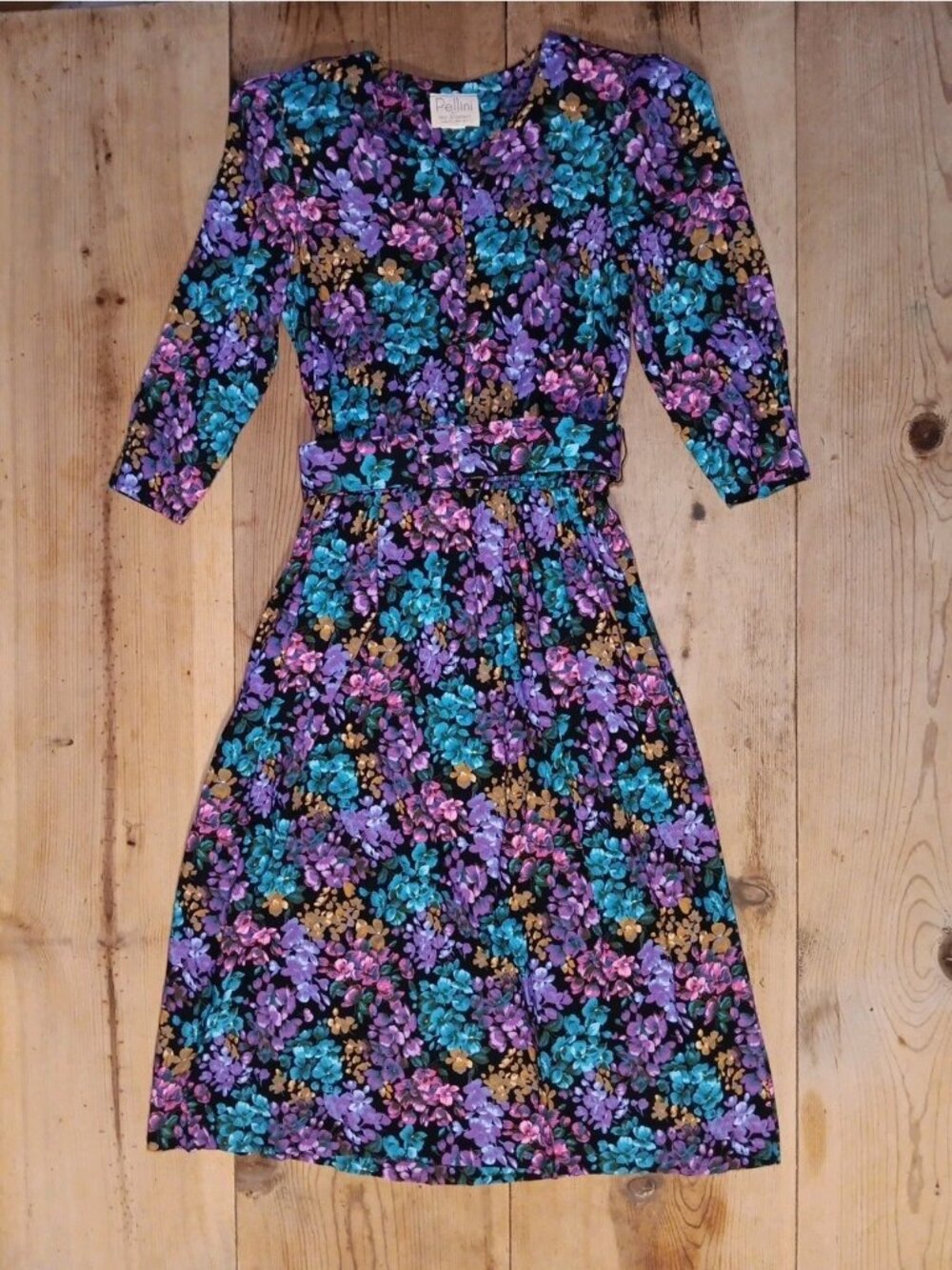 VTG Pellini Von Bramlett Women 4 S A Line Dress Multi Bright Floral Belted 90s